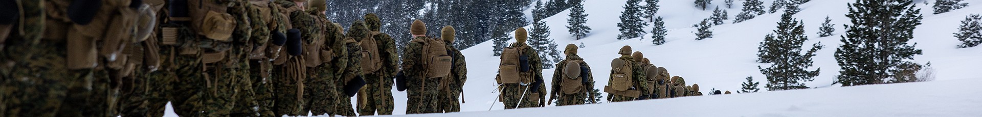 U.S. Marines with 2d Battalion, 8th Marine Regiment, 2d Marine Division, conduct a snowshoe and trailbreaking familiarization hike during Mountain Warfare Training Exercise 2-23 on Marine Corps Mountain Warfare Training Center, Bridgeport, California, Jan. 17, 2023. MTX prepares units to survive and conduct extended operations in mountainous terrain during the winter. (U.S. Marine Corps photo by Lance Cpl. Ryan Ramsammy)