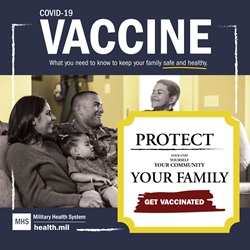 A smiling family sits together on a couch. Text over the image reads “Protect yourself, your unit, your community, your family. Get vaccinated.”