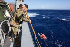 U.S. Soldiers assigned to the 8th Forward Resuscitative Surgical Detachment, 18th Theater Medical Command, conduct casualty evacuation training aboard the Maneuver Support Vessel (Light) SSG Elroy F. Wells off the coast of Oahu, Hawaii
