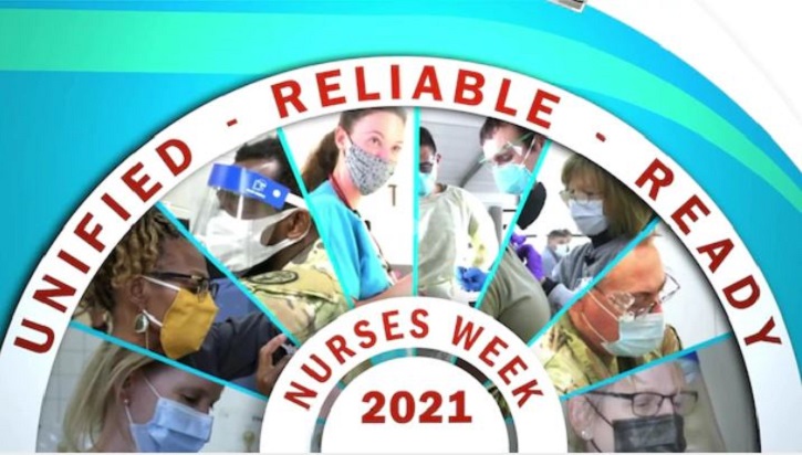 Image of nurses in a semi-circle, with the words Unified, Reliable, Ready, and Nurses Week 2021